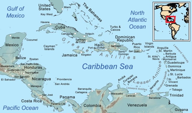 America centrale, mappa del mare Caraibico e isole circostanti. In lingua inglese. 