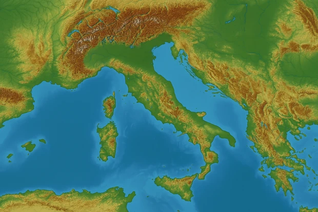 Carta altimetrica dell’Italia e dell’Europa sud-orientale con rilievi colorati in base all’altitudine