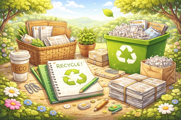 Carta, quaderni e giornali insieme a contenitori per il riciclo