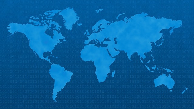 Cartina del mondo, mappa, continenti, blu, numeri binari.