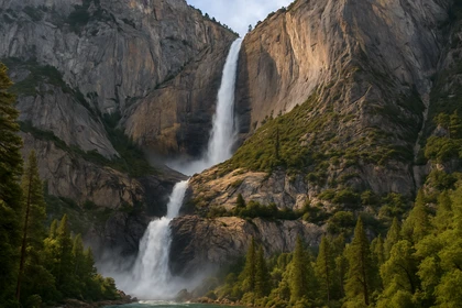 Imponente cascata che scende da un’alta parete rocciosa tra foreste e montagne