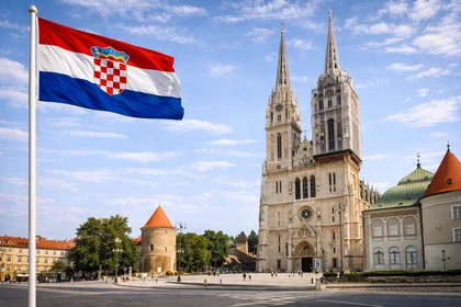 Cattedrale di Zagabria con le sue torri gemelle, capitale della Croazia, con bandiera nazionale