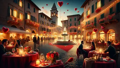 Atmosfera festiva e amorevole che onora l'essenza di San Valentino in una piazza italiana