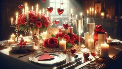 Scena romantica di San Valentino con cena a lume di candela, rose rosse e decorazioni a forma di cuore