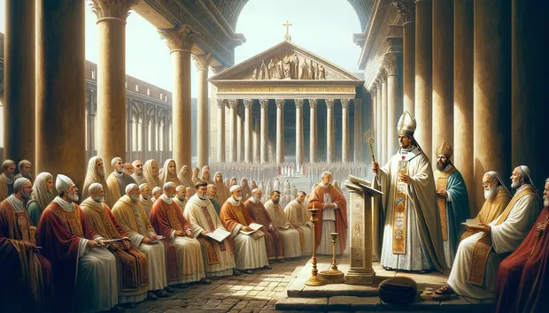 Papa Gelasio I circondato da clero e fedeli in un'antica basilica cristiana