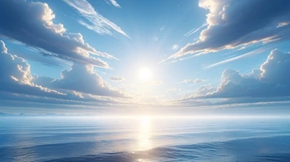Cielo sereno di colore azzurro con raggi solari che brillano sopra un mare calmo.