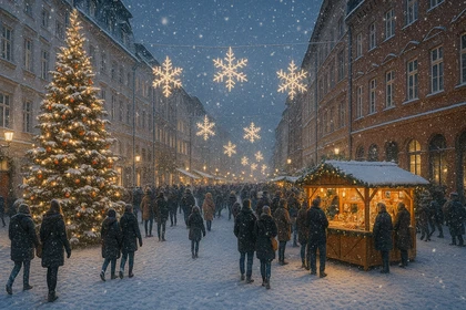 Strada cittadina con mercatino di Natale innevato e persone che passeggiano tra le luci festive.