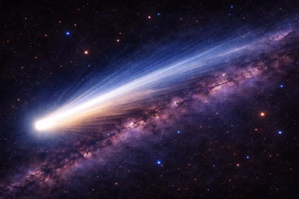 Cometa con nucleo luminoso e lunga coda di gas e polveri visibile nello spazio profondo