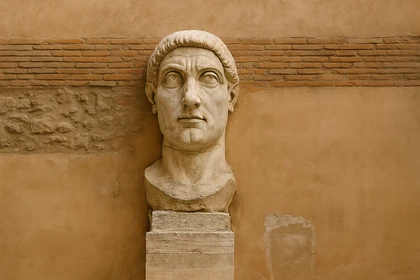 Busto marmoreo dell'imperatore Costantino il Grande davanti a un antico muro romano.