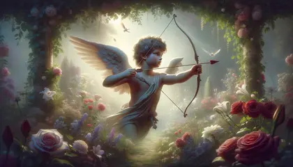 Cupido con ali, arco e freccia, in un giardino pieno di fiori, simbolo dell'amore e della passione