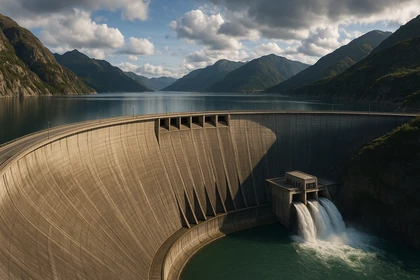 Grande diga ad arco che trattiene un lago artificiale tra le montagne