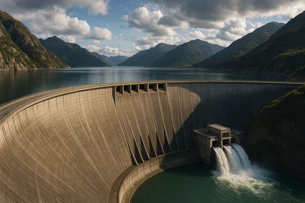 Grande diga ad arco che trattiene un lago artificiale tra le montagne