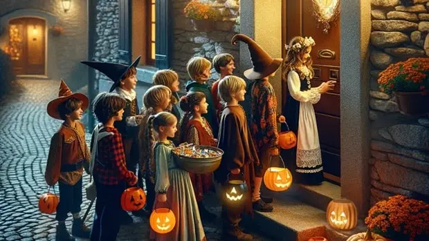 Un gruppo di bambini davanti a una casa durante la sera di Halloween, mentre fanno dolcetto o scherzetto.