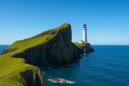 Faro bianco su un promontorio erboso a picco sul mare, giornata limpida e soleggiata