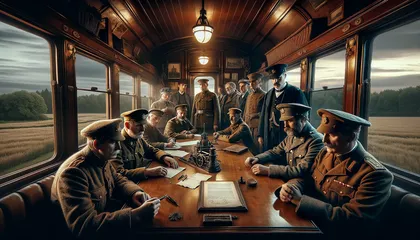 Ufficiali Alleati e della Germania firmano l'armistizio su un treno, segnando la fine della Prima Guerra Mondiale