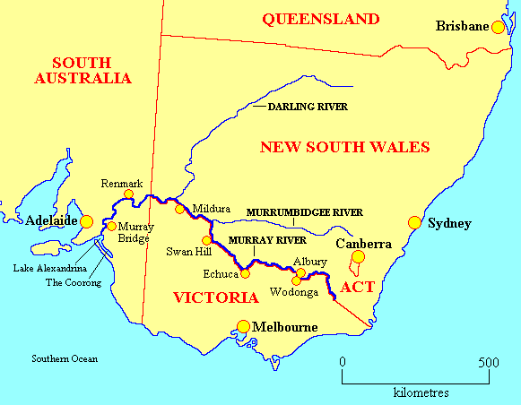 Fiumi Murray, Darling, Murrumbidgee sul parte della mappa australiana.