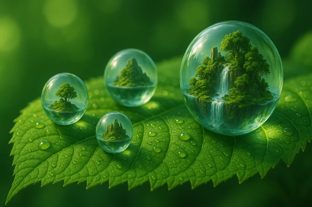 Numerose isole in miniatura visibili all’interno di gocce d’acqua su una foglia, con alberi, rocce e una cascata