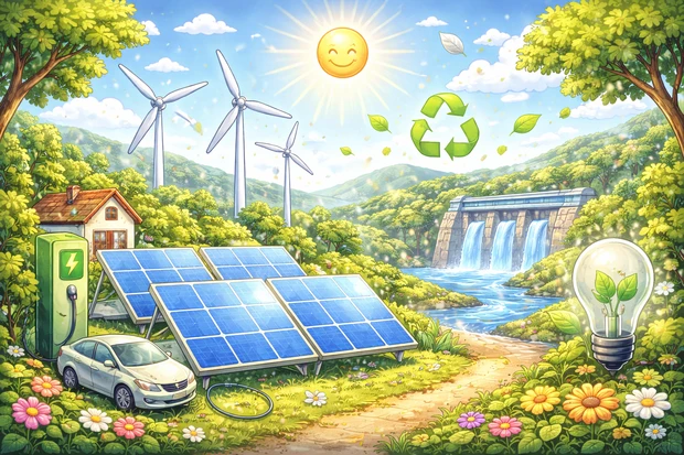 Paesaggio naturale con pannelli solari, turbine eoliche e centrale idroelettrica che rappresentano energia rinnovabile