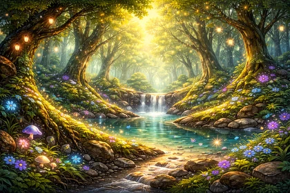 Foresta con alberi secolari, luce solare e un ruscello.