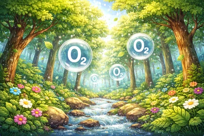 Foresta rigogliosa con alberi, piante e un ruscello, che rappresenta il ruolo delle foreste nella produzione di ossigeno