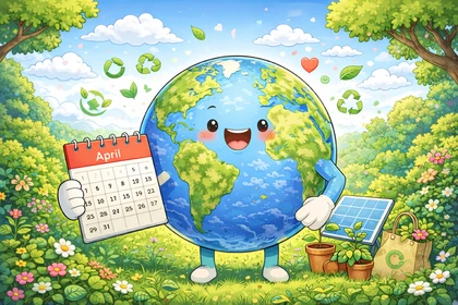 Pianeta Terra con un calendario del mese di aprile, circondato da elementi legati alla sostenibilità ambientale