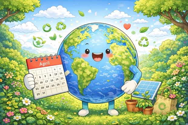 Pianeta Terra con un calendario del mese di aprile, circondato da elementi legati alla sostenibilità ambientale