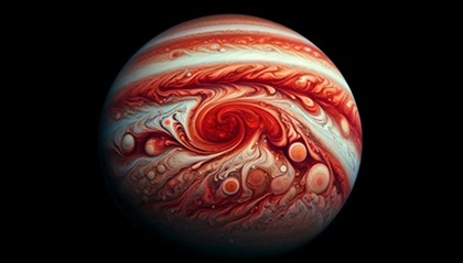 Grande Macchia Rossa su Giove, mostrando le complesse trame e i vivaci colori rossi della tempesta anticionica