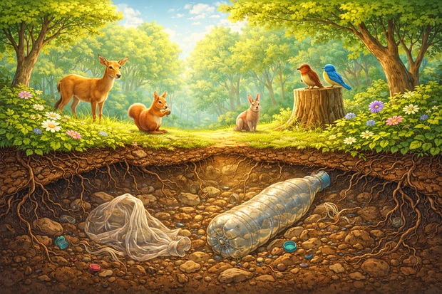 Foresta con animali in superficie e rifiuti di plastica sepolti nel terreno sottostante