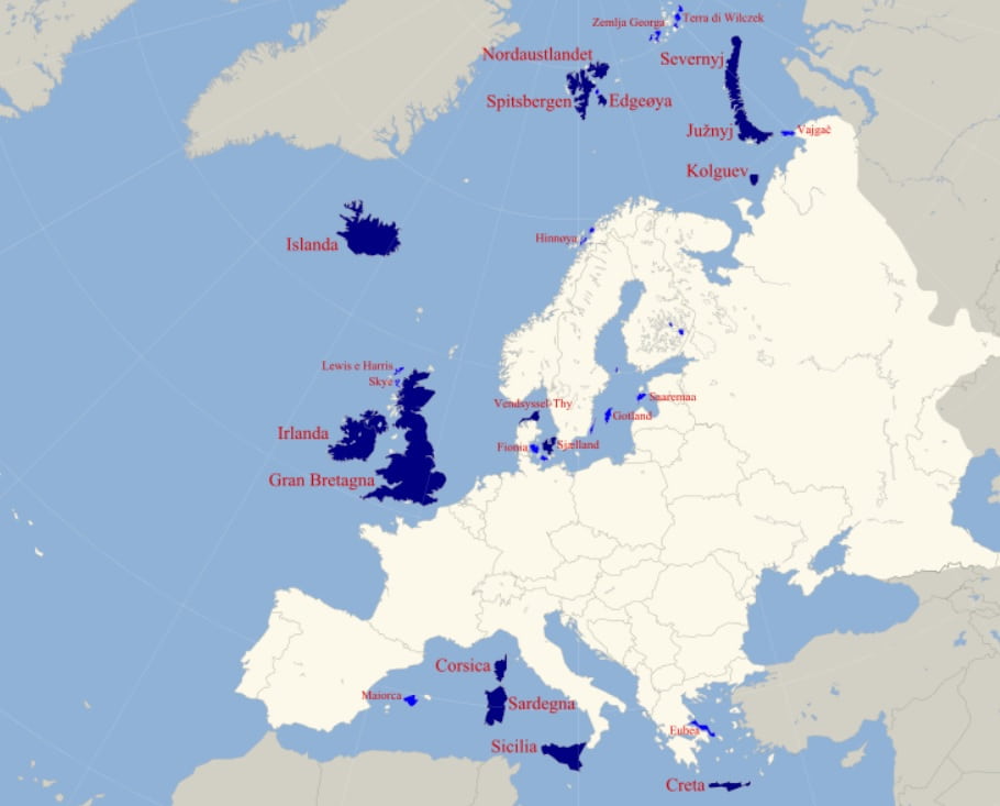 Mappa dell'europa e posizione geografica delle isole europee più grandi.