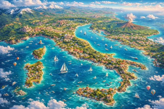 Vista dall’alto della parte occidentale dell’Italia, con coste, isole, montagne e mare azzurro, fantasy