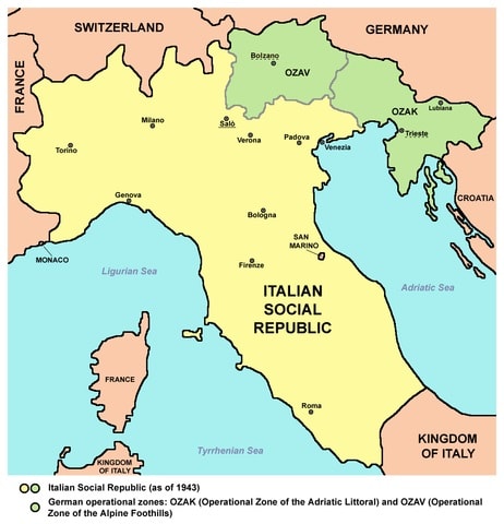 Mappa della Repubblica Sociale Italiana conosciuta anche come Repubblica di Salò