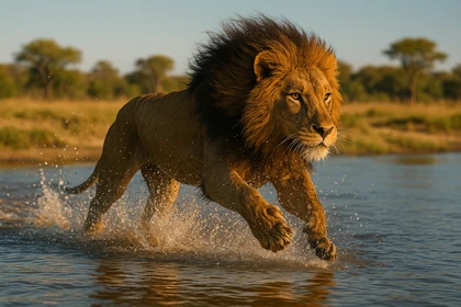 Un leone maschio corre a grande velocità attraverso l’acqua nella savana.