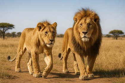 Giovane leone con una criniera ancora poco sviluppata cammina accanto a un leone adulto dalla criniera folta e imponente