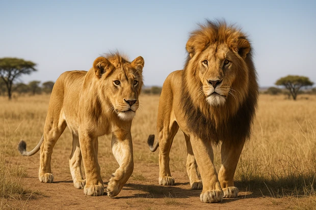 Giovane leone con una criniera ancora poco sviluppata cammina accanto a un leone adulto dalla criniera folta e imponente