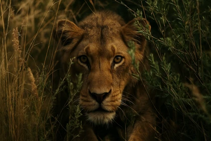 Leonessa nascosta tra l’erba alta che osserva la preda.