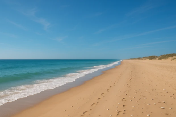 Costa sabbiosa che si estende in lunghezza accanto a un mare calmo e limpido