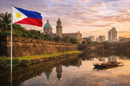 Intramuros a Manila, capitale delle Filippine, con le mura storiche, la cattedrale e la bandiera nazionale