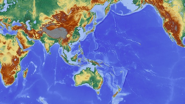 Cartina, mappa fisica dell'Oceania.