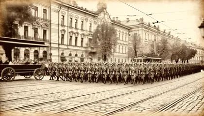 Esercito tedesco in marcia attraverso le strade del Belgio durante le prime fasi del Piano Schlieffen