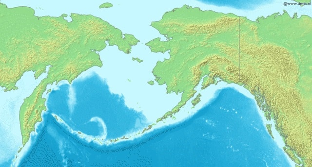 Mare, stretto di Bering che separa gli Stati Uniti dalla Russia. Alaska, mappa, oceano.
