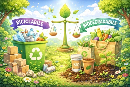 Materiali riciclabili e biodegradabili, oggetti di uso quotidiano.