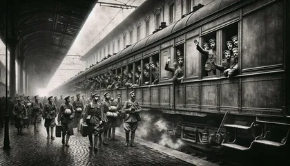 Soldati italiani salutano dalle finestre di un treno durante la mobilitazione della Prima Guerra Mondiale