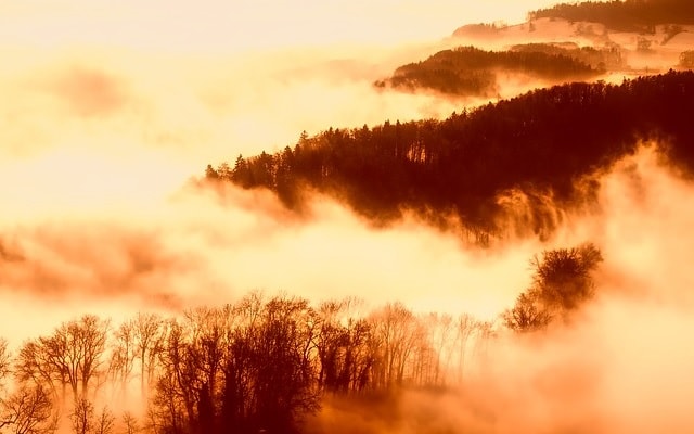 Nebbia su delle colline all'alba. Montagne, densità, Terra.