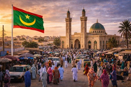 Nouakchott, capitale della Mauritania, con mercato cittadino, architettura locale e bandiera nazionale