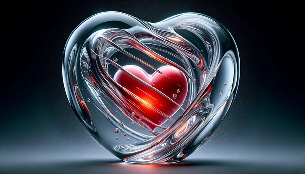 Oggetto di vetro trasparente con cuore rosso all'interno