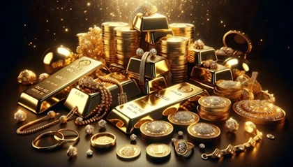  Lussuosa collezione di oro con lingotti, monete e gioielli.