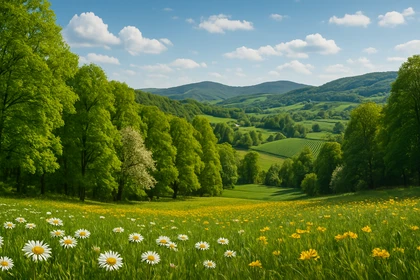 Paesaggio collinare con boschi verdi, campi coltivati e fiori di campo, tipico di una zona a clima temperato