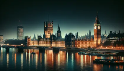 Il Palazzo di Westminster e il Big Ben illuminati di notte riflettono sulle acque del Tamigi