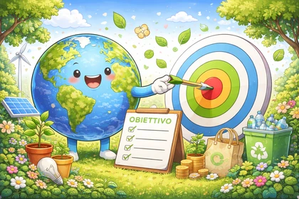 Pianeta Terra accanto a un obiettivo ed elementi legati alla sostenibilità ambientale, riciclo, energia rinnovabile.