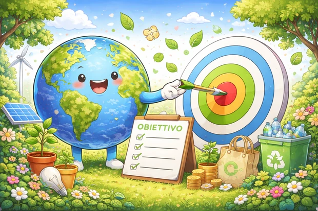 Pianeta Terra accanto a un obiettivo ed elementi legati alla sostenibilità ambientale, riciclo, energia rinnovabile.